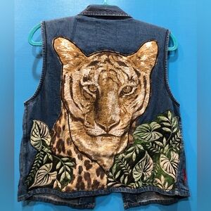 Handmade jean vest FEELING FELINE FINE womens M upcycled wearable art PTP 20”